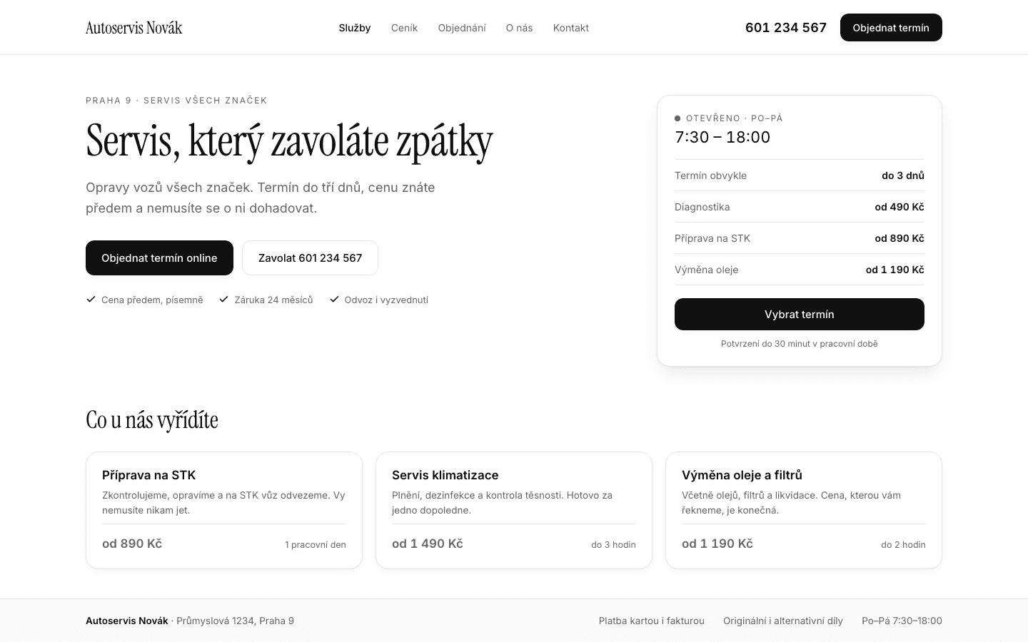 Stejný autoservis po redesignu — telefon a termín na první obrazovce, ceny přímo na stránce